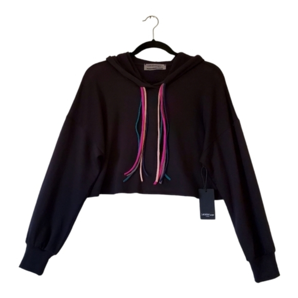 Lanston Sport Pullover Black‎ Cropped Soft Hoodie Size Medium NWT